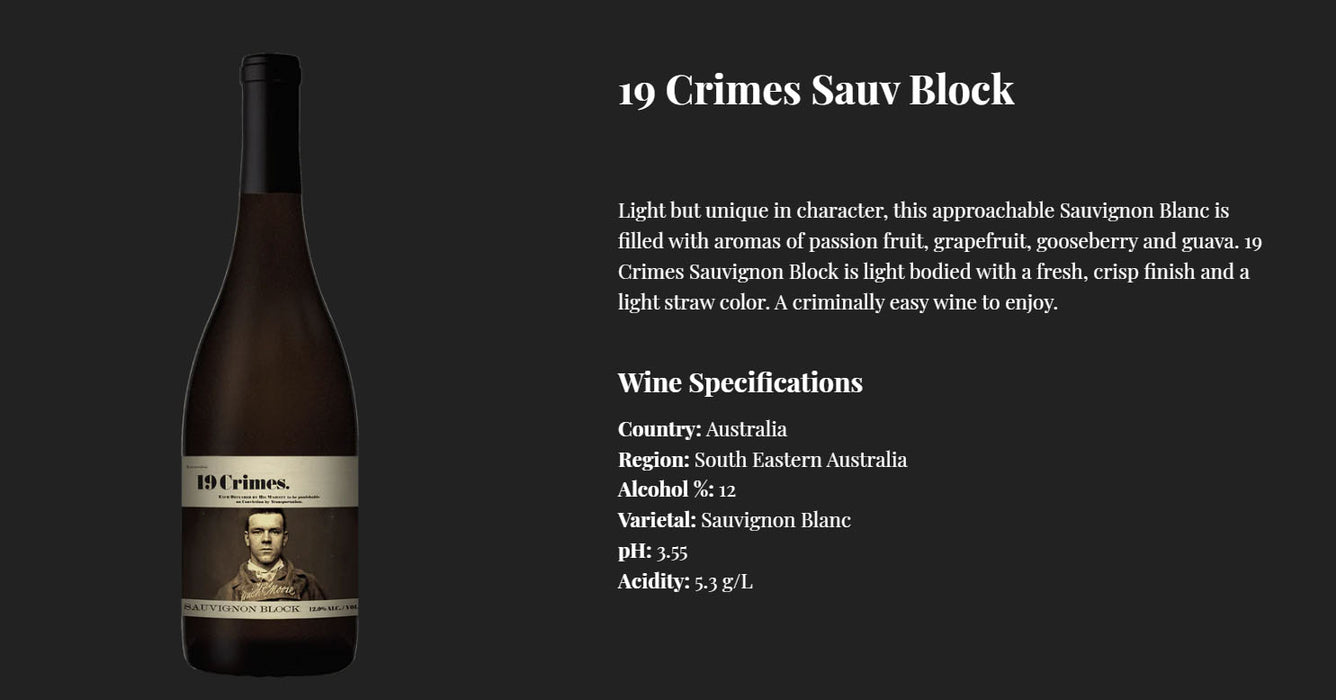 19 Crimes Sauvignon Block White Wine 750ml x 3 Bottles