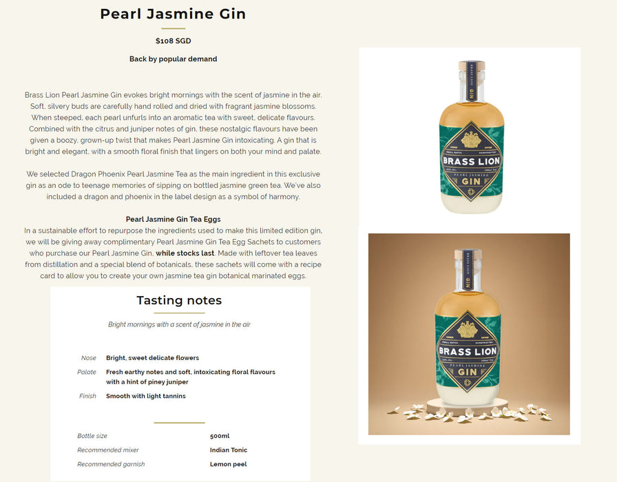 Brass Lion Pearl Jasmine Gin ABV 40% 500ml