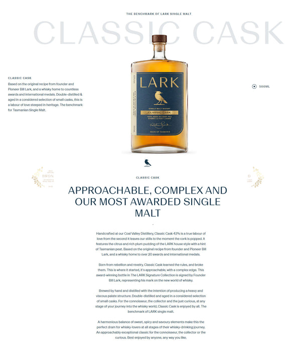 Lark Classic Cask Single Malt Whisky ABV 43% 500ml